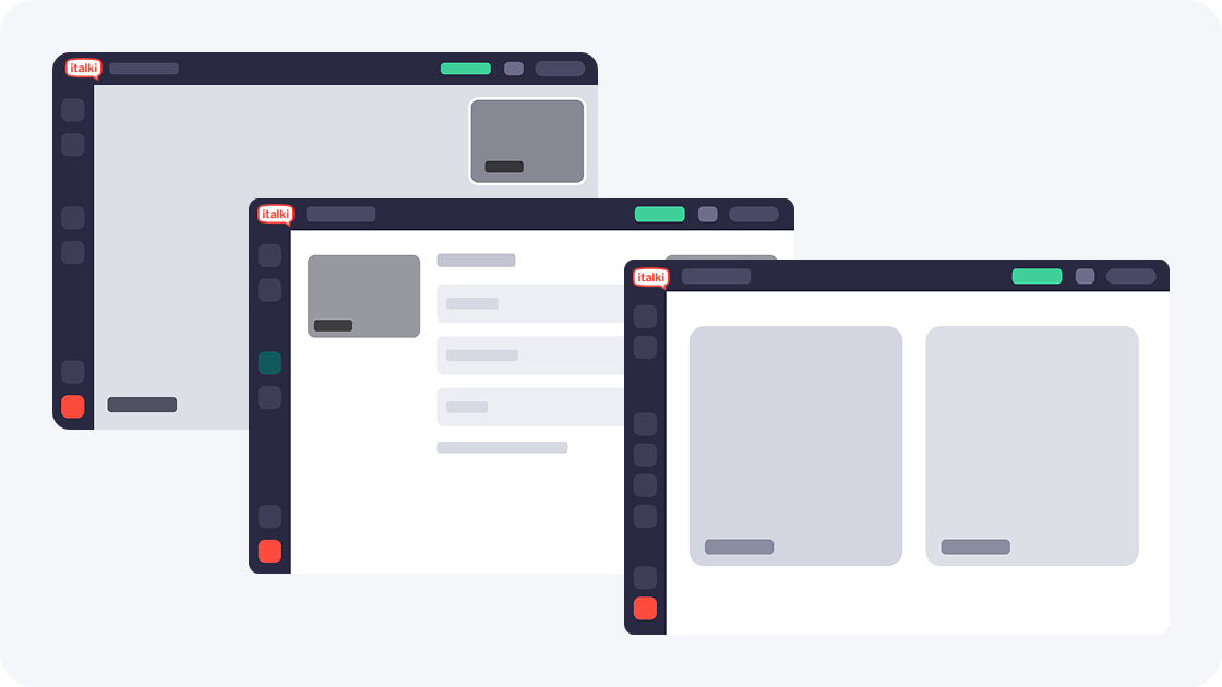 Three stacked classroom windows showing the side-by-side, speaker and picture-in-picture layouts