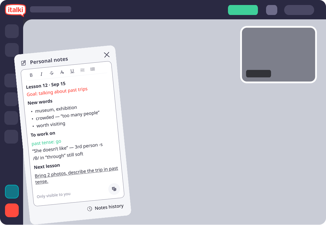 A classroom window with the personal notes panel open, showing formatted lesson notes